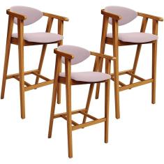Kit 03 Banquetas Alta Para Cozinha Bancada Bar Sala De Jantar Fixa Cecília L02 Suede Rosê