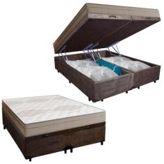 Cama Box Baú Casal Bipartido Suede + Colchão De Molas Ensacadas Portob