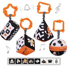  Conjuntos de formas de alto contraste, brinquedos de bebê, brinquedo de carrinho preto e branco para assento de carro, anéis de chocalhos de pelúcia 