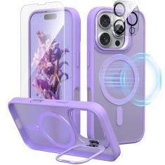 IDweel Capa para iPhone 16 Pro com protetor de tela e protetor de lente de câmera, compatível com MagSafe, suporte embutido para câmera, capa flexível antirimpressões digitais, lilás