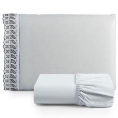Jogo De Lençol Solteiro 2 Pçs Basic Percal 180 Fios Lese Bordado Inglês Cinza 100% Algodão
