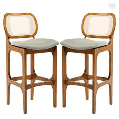 Kit 2 Banquetas Alta em Madeira Decor Encosto Rattan Estofada Linho Ve