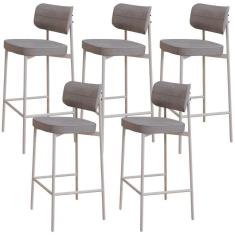 Kit 05 Banquetas Alta Bar Cozinha Sala De Jantar Aço Branco Kaira C01 Linho Cinza - Lyam Decor