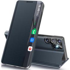Qissy Capa de celular para Samsung S24 Ultra, Clear View S24 Ultra 5G com suporte, capa rígida de policarbonato à prova de choque para Galaxy S24 Ultra capa protetora para Samsung Galaxy S24 Ultra