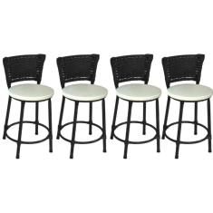 Kit 4 Banquetas Baixas Preta com Encosto Junco Preto Assento Branco