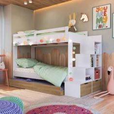 Treliche Infantil com Cama Auxiliar 3 Colchões Branco/aveiro Oak