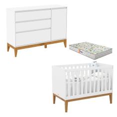 Berço Americano Unique e Cômoda com Porta Nature Clean Branco Soft Eco Wood com Colchão Gazin – Matic