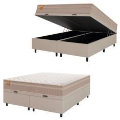 Cama Box Baú Casal Queen Colchão Molas Qatar 158x198x63cm Bege/branco Inducol - Suporta Até 200 Kg Pessoa