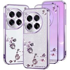 Kainevy Capa de celular para Oneplus 12 capa protetora de silicone transparente com glitter rosa à prova de choque Oneplus 12 capa estética fina fofa com padrão de flor gradiente design brilhante