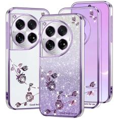 Kainevy Capa de celular para Oneplus 12 capa protetora de silicone transparente com glitter rosa à prova de choque Oneplus 12 capa estética fina fofa com padrão de flor gradiente design brilhante