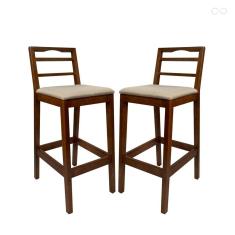 Kit 2 Banquetas para Bancada Alta Estofada Grécia em Madeira Castanho Linho Bege CCS