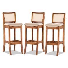 Kit 3 Banquetas Alta em Madeira Imbuia Portugal Estofada Linho Bege M5