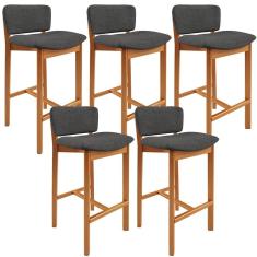 Kit 05 Banquetas Alta Para Cozinha Sala De Jantar Bar Dara L02 Linho Cinza Escuro - Lyam Decor
