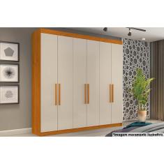 Guarda Roupa Casal França 6 Portas de Bater 4 Gavetas MDF-MDP Cinamomo-Off White Conquista Móveis