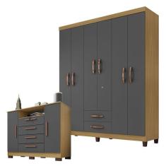 Guarda Roupa Casal Módena 6 Portas 2 Gavetas MDP Carvalho Americano Grafite com Cômoda Madri Incorplac Móveis