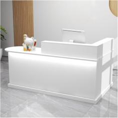 Mesa de recepção moderna com luzes e gavetas trancáveis, balcão de caixa em L, mesa de recepção de computador de madeira, mesa de recepção pequena, para escritório de checkout, salão de beleza/saguão,