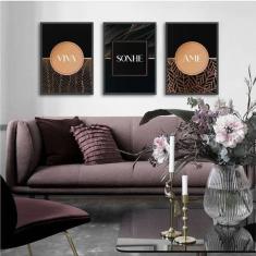 Kit 3 Quadros Viva, Sonhe, Ame - Rosê Com Preto 45X34Cm