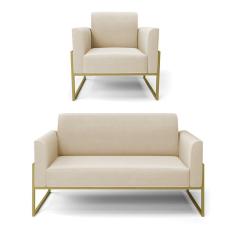Sofá Namoradeira Com Poltrona Base Industrial Alta Dourado Marisa Suede Bege D03 - D\'rossi
