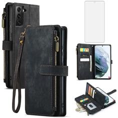 Asuwish Capa de telefone para Samsung Galaxy S21 Plus Glaxay S21+ 5G capa carteira e protetor de tela de vidro temperado flip porta-cartões acessórios para celular Gaxaly S21+5G S21plus 21S + S 21 21+