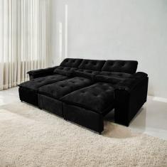 Sofá Retrátil e Reclinável 2,75m em Tecido Veludo C/ Pillow nos Braços - Montagem Inclusa