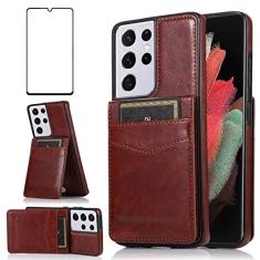 Capa de telefone para Samsung Galaxy S21 Ultra Glaxay S21ultra 5G com protetor de tela de vidro temperado e suporte para cartão de crédito capa carteira suporte celular de couro Gaxaly 21S S 21