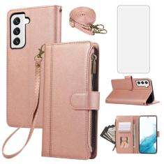 Asuwish Capa de celular para Samsung Galaxy S22 Plus S22+ 5G com zíper carteira de celular com protetor de tela de vidro temperado alça transversal suporte para cartão S22+5G S22plus 22S + S 22 22+