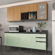Cozinha Compacta Azaleia 8 Portas e 3 Gavetas com Divisor de Talheres Mármore Lunar/Verde Mar/Freijó - Tecnomobili