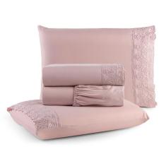 Jogo de Lençol King 4 Peças Percal 300 Fios Napoli Lese Bordado Inglês