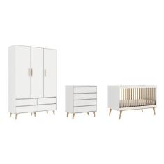 Quarto de Bebê Berço 3 em 1 Cômoda Gaveteiro Guarda Roupa Retrô 3 Portas com Gavetas Branco Carolina Baby