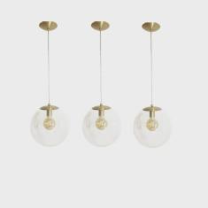 Kit 3 Pendente Redondo Esfera 30cm Dourado e Vidro Cristal Madelustre