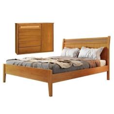 Conjunto Quarto de Casal Cama Madeira Maciça Rattan 140cm e Cômoda Rat