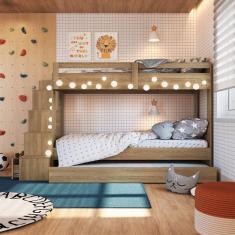 Treliche Infantil com Escada Nichos Gavetas Laterais e Cama Auxiliar Aveiro Oak