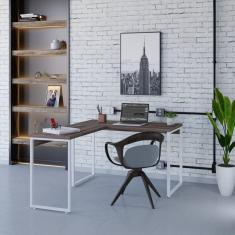 Mesa de Escritório em L Estilo Industrial 120x150cm Kuadra Nogal / Est.Branca