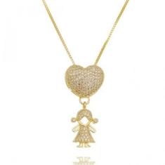 Colar Coração Cravejado Filha Menina Folheado A Ouro - Jhulias Joias E