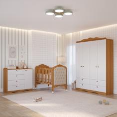 Quarto de Bebê com Guarda Roupa 4 Portas Cômoda e Berço Capitonê 2 em 1 100MDF Laura Permobili - Nature/Branco/Marfim