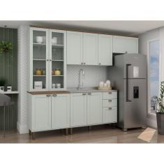 Cozinha Completa Com Cristaleira 100% Mdf Iluminata Verde Mint-ébano Fosco