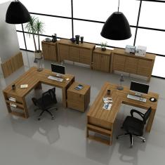 Kit 7 Peças 2 Mesas L Com 1 Gaveteiro 2 Balcões E 2 Balcões 3 Portas Espresso Móveis Amendoa