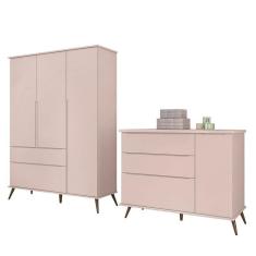 Jogo De Quarto Infantil Retrô Melinda Guarda Roupa E Cômoda Com Porta Rosê - Phoenix Baby Rosê
