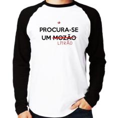 Camiseta Raglan Procura-se um Litrão Manga Longa - Foca na Moda, Branc