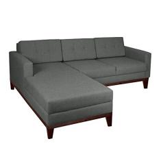 Sofá 3 Lugares Living com Chaise Esquerdo Pés e Base em Madeira Linho Cotton Cinza