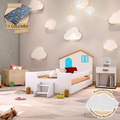 Cama Infantil Solteiro Belissima Azul - Branco e Amêndoa + Luminária L