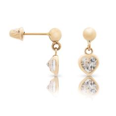 Brinco Ouro 18K Infantil Bolinha com Coração De Zircônia Rosa 10mm - A