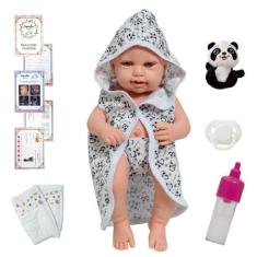 Boneca Reborn 100% Vinil Saída de Banho Panda Com Kit Itens - Cegonha 