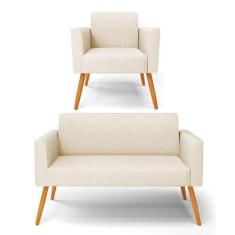 Sofá Namoradeira Com Poltrona Pés Palito Castanho Marisa Linho Bege A1