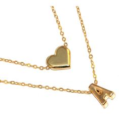 Colar Duplo Cordão Inicial A Coração Folheado Ouro 18k