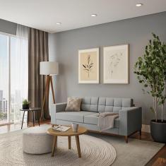 Sofá 3 Lugares Life Pés e Base em Madeira Linho Cotton Cinza 180 cm - 