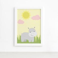 Quadro Safari Menina Hipopótamo Moldura Branca 22x32cm - Quartinhos