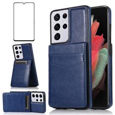Capa de telefone para Samsung Galaxy S21 Ultra Glaxay S21ultra 5G com protetor de tela de vidro temperado e suporte para cartão de crédito capa carteira suporte celular de couro Gaxaly 21S S 21