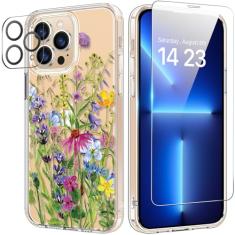 bicol Capa para iPhone 13 Pro Max com protetor de tela e lente de câmera - Design floral de flores elegantes para mulheres e meninas - Capa de telefone transparente de acrílico à prova de choque de