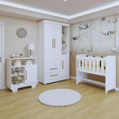 Quarto de Bebê Completo 100% Mdf com Guarda Roupa, Cômoda e Mini Berço Sonharte Branco